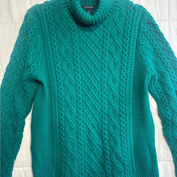 Lands' End Classic Preppy Teal Cable Knit Turtleneck Sweater - Picture 4 of 7